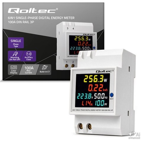 Qoltec Jednofazowy licznik 6w1| miernik zużycia energii na szynę DIN | 230V | 100A | LCD | CT | 3P