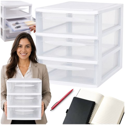 Szafka modułowa 3 szuflady A4, biała z transparentnymi frontami