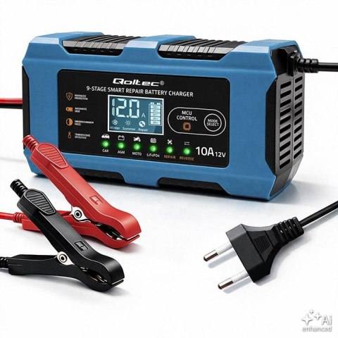 Qoltec Inteligentna ładowarka 12V 10A | Prostownik z funkcją naprawy | MCU | Auto OFF | 9-stopniowe ładowanie | AGM GEL LiFePO4