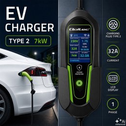 Qoltec Ładowarka do samochodu elektrycznego EV i hybryd z regulacją 2w1 Typ2 | 7kW | 230V | CEE 32A | Wi-Fi | Tuya | Smart life 