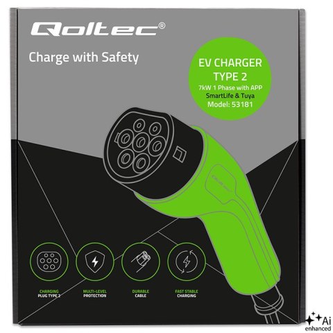 Qoltec Ładowarka do samochodu elektrycznego EV i hybryd z regulacją 2w1 Typ2 | 7kW | 230V | CEE 32A | Wi-Fi | Tuya | Smart life 