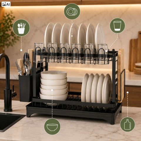 Ociekacz do naczyń z tacką i odpływem czarny - Emre
