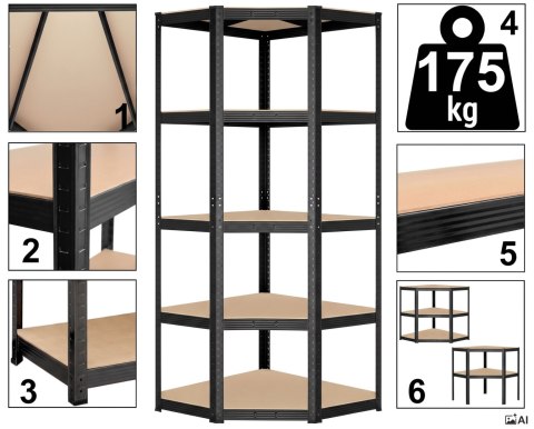 Regał magazynowy narożny 5 poziomów 875 kg 180x70x40 cm czarny