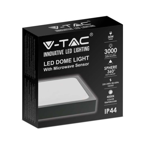 Plafon V-TAC 30W LED Kwadrat IP44 Czujnik Ruchu Mikrofalowy 42x42cm Czarny VT-8630SB-SQ 4000K 3000lm