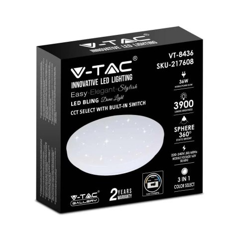 Plafon V-TAC 36W gwiazdy zmiana koloru CCT fi.480 VT-8436-S-N 3000K-6400K 3900lm