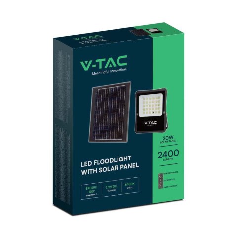 Projektor LED solarny V-TAC 20W pilot auto timer IP65 VT-55300 6400K 2400lm