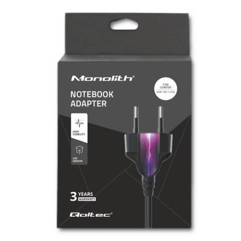 Qoltec Zasilacz do laptopa Lenovo 45W | 20V | 2.25A | Slim tip+pin | +kabel zasilający