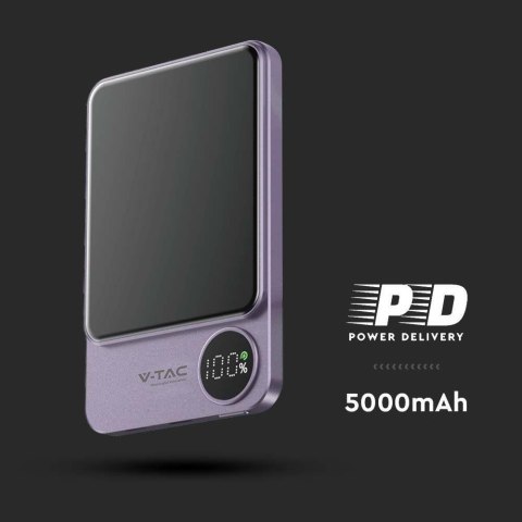 Power bank V-TAC 5000mAh fiolet magnetyczny 9mm aluminium lightning LCD szybki 20W V-TAC VT-50005-P