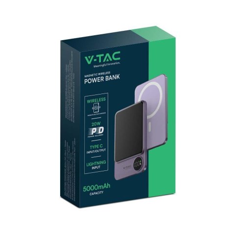 Power bank V-TAC 5000mAh fiolet magnetyczny 9mm aluminium lightning LCD szybki 20W V-TAC VT-50005-P