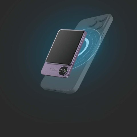 Power bank V-TAC 5000mAh fiolet magnetyczny 9mm aluminium lightning LCD szybki 20W V-TAC VT-50005-P