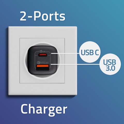 Qoltec Ładowarka sieciowa 65W GaN ULTRA | 5-20V | 2.25-3.25A | 1 x USB typ C PD | 1 x USB QC 3.0 | Laptop | Smartfon | Czarna