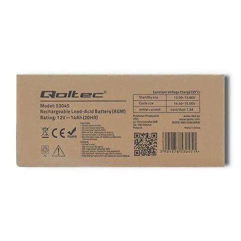 Qoltec Akumulator AGM | 12V | 14Ah | Bezobsługowy | Wydajny | LongLife | do UPS, security