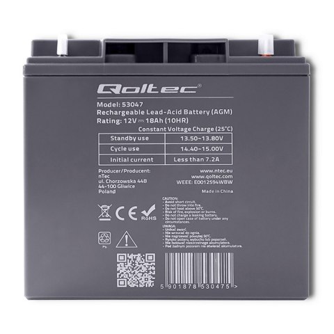 Qoltec Akumulator AGM | 12V | 18Ah | Bezobsługowy | Wydajny | LongLife | do UPS, skutera