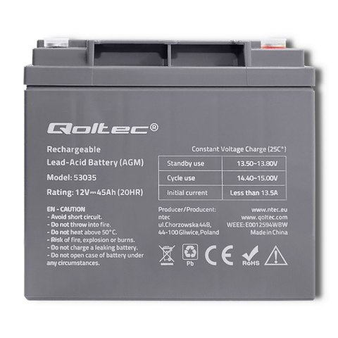Qoltec Akumulator AGM | 12V | 45Ah | Bezobsługowy | Mocny | LongLife | do UPS, kampera, łodzi, pieca