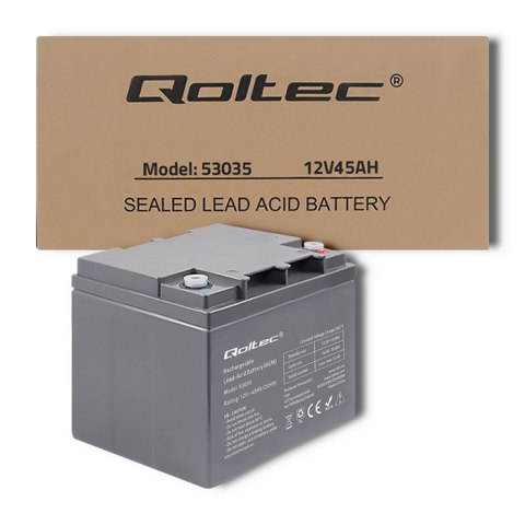 Qoltec Akumulator AGM | 12V | 45Ah | Bezobsługowy | Mocny | LongLife | do UPS, kampera, łodzi, pieca