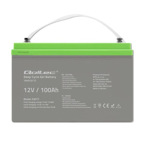 Qoltec Akumulator żelowy Deep Cycle | 12V | 100Ah | 30.5kg | Bezobsługowy | Professional | LongLife | PV, UPS, kamper