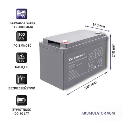 Qoltec Akumulator AGM | 12V | 100Ah | 28.1kg | Bezobsługowy | Mocny | LongLife | do UPS, kampera, łodzi, pieca
