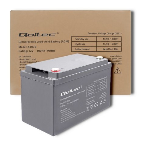 Qoltec Akumulator AGM | 12V | 100Ah | 28.1kg | Bezobsługowy | Mocny | LongLife | do UPS, kampera, łodzi, pieca
