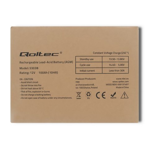 Qoltec Akumulator AGM | 12V | 100Ah | 28.1kg | Bezobsługowy | Mocny | LongLife | do UPS, kampera, łodzi, pieca