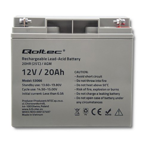 Qoltec Akumulator AGM | 12V | 20Ah | Bezobsługowy | Wydajny | LongLife | do UPS, skutera