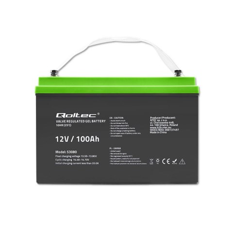 Qoltec Akumulator żelowy GEL | 12V | 100Ah | 29.3kg | Bezobsługowy | Professional | LongLife | PV, UPS, kamper, łódź