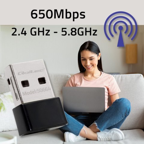 Qoltec Ultraszybki bezprzewodowy Mini Adapter USB Wi-Fi | standard AC | 650Mbps