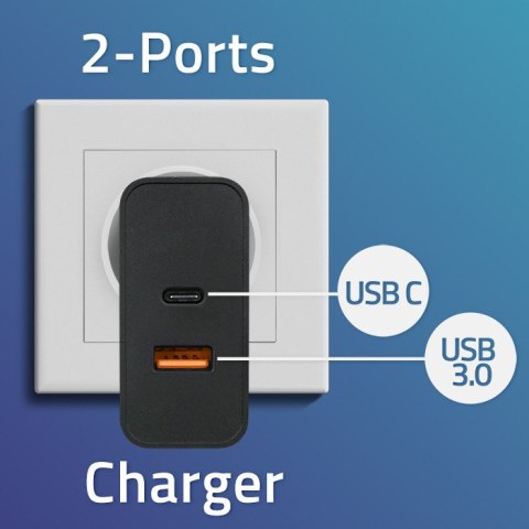 Qoltec Ładowarka Super Quick PD | 1xUSB-C | 1xUSB | 90W | 5-20V | 2.4-4.35A | Laptop | Smartfon | Czarna