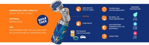 Quokka Boost Coffee Tumbler - Kubek termiczny ze stali nierdzewnej z zaparzaczem 400 ml (Blue Jungle)