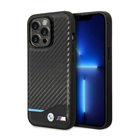 BMW Leather Carbon Blue Line - Etui iPhone 14 Pro (Czarny)
