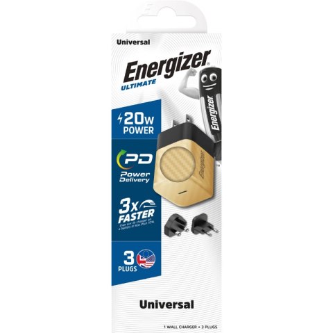 Energizer Ultimate - Ładowarka sieciowa podróżna Multiplug EU / UK / US GaN USB-C 20W PD (Złoty)