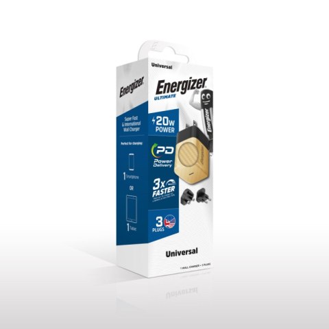 Energizer Ultimate - Ładowarka sieciowa podróżna Multiplug EU / UK / US GaN USB-C 20W PD (Złoty)