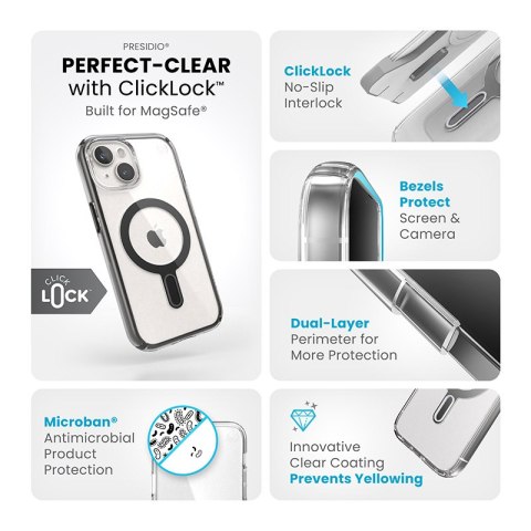 Speck Presidio Perfect-Clear ClickLock & MagSafe - Etui iPhone 16e / iPhone 15 / iPhone 14 / iPhone 13 (Clear / Frosted Black / 