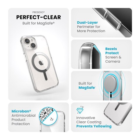 Speck Presidio Perfect-Clear MagSafe - Etui iPhone 16e / iPhone 15 / iPhone 14 / iPhone 13 (Clear / Chrome Finish / Serene Silve