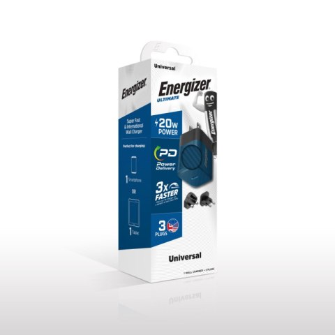 Energizer Ultimate - Ładowarka sieciowa podróżna Multiplug EU / UK / US GaN USB-C 20W PD (Niebieski)