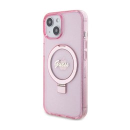 Guess Ring Stand Script Glitter MagSafe - Etui iPhone 15 Plus (różowy)