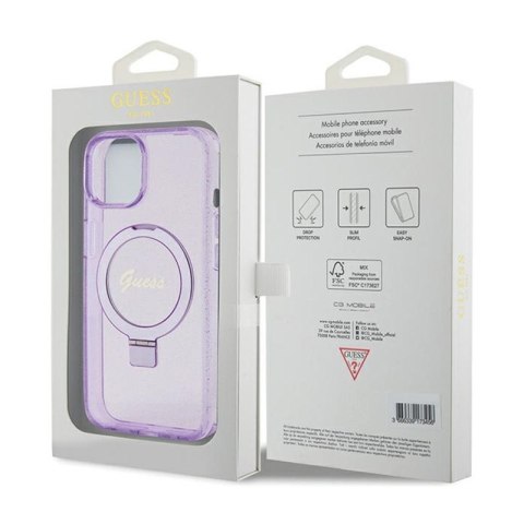 Guess Ring Stand Script Glitter MagSafe - Etui iPhone 15 (fioletowy)
