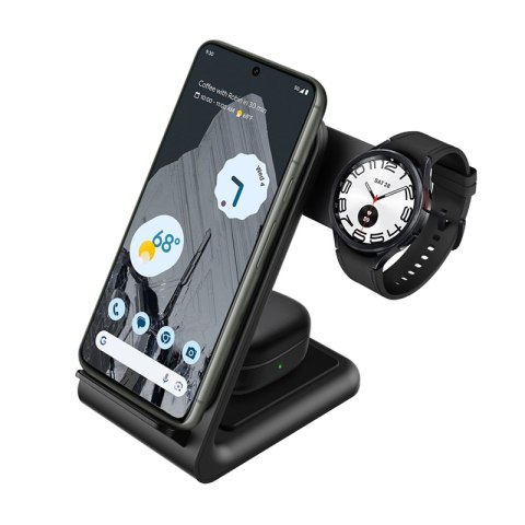 Crong PowerSpot Pivot Stand - Ładowarka bezprzewodowa 3w1 do iPhone, Samsung & Android, Galaxy Watch i słuchawek TWS (czarny)