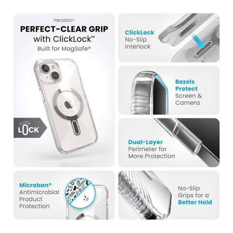 Speck Presidio Perfect-Clear Grip ClickLock & MagSafe - Etui iPhone 16e / iPhone 15 / iPhone 14 / iPhone 13 (Clear / Chrome Fini