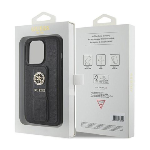 Guess Grip Stand 4G Saffiano Strass Logo - Etui iPhone 15 Pro (czarny)