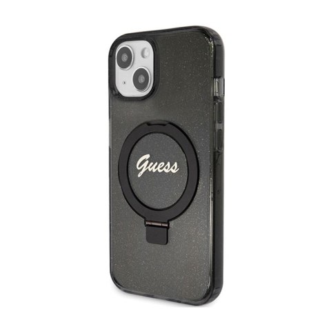 Guess Ring Stand Script Glitter MagSafe - Etui iPhone 15 Plus (czarny)