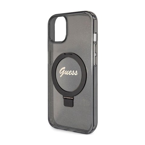 Guess Ring Stand Script Glitter MagSafe - Etui iPhone 15 Plus (czarny)