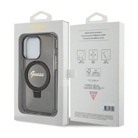 Guess Ring Stand Script Glitter MagSafe - Etui iPhone 15 Pro Max (czarny)