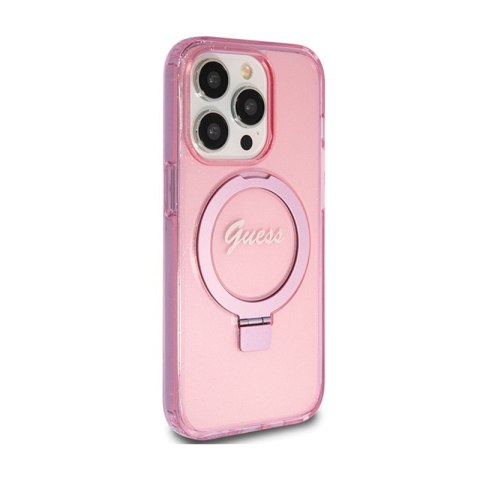 Guess Ring Stand Script Glitter MagSafe - Etui iPhone 15 Pro Max (różowy)