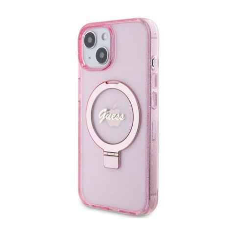 Guess Ring Stand Script Glitter MagSafe - Etui iPhone 15 (różowy)