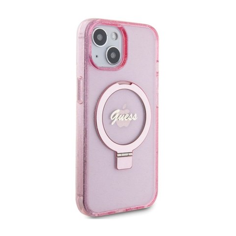 Guess Ring Stand Script Glitter MagSafe - Etui iPhone 15 (różowy)