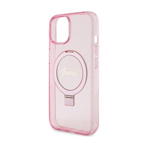 Guess Ring Stand Script Glitter MagSafe - Etui iPhone 15 (różowy)