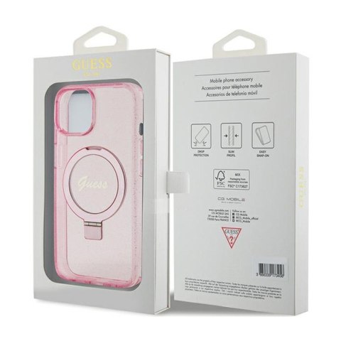 Guess Ring Stand Script Glitter MagSafe - Etui iPhone 15 (różowy)