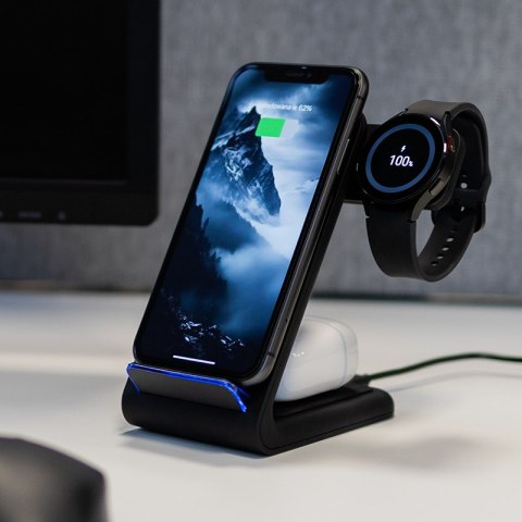 Crong PowerSpot Pivot Stand - Ładowarka bezprzewodowa 3w1 do iPhone, Samsung & Android, Galaxy Watch i słuchawek TWS (czarny)