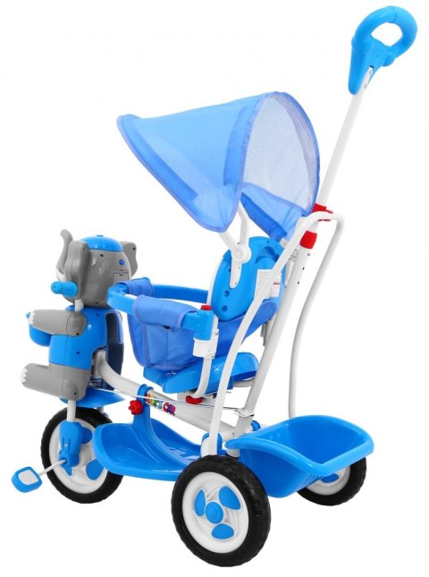 3-kołowy Rowerek dla dzieci Słonik Niebieski + Dźwięki + Daszek + Barierka + Podnóżek + Rączka + Schowek