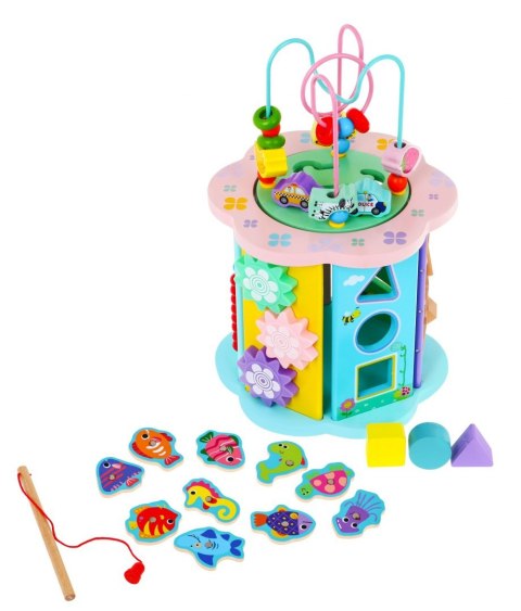 Drewniana Kostka sensoryczna 8w1 dla dzieci 3+ Sorter Liczydło Zegar Łowienie rybek Labirynty Koła zębate Przeplatanka